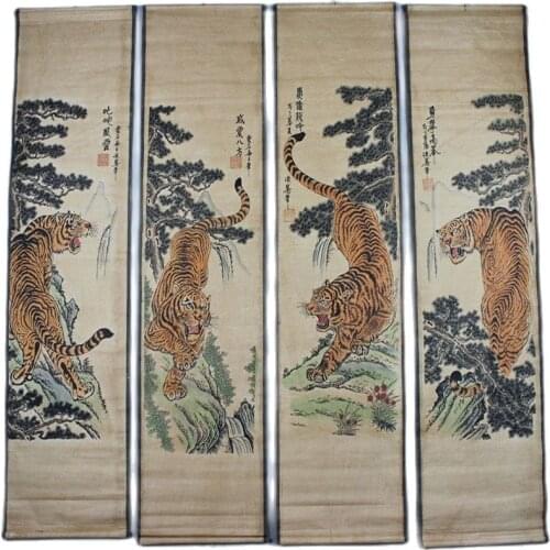 Chinese calligraphy and painting of the old paper scroll Chinese poetry and painting tiger four tiger figure home decoration