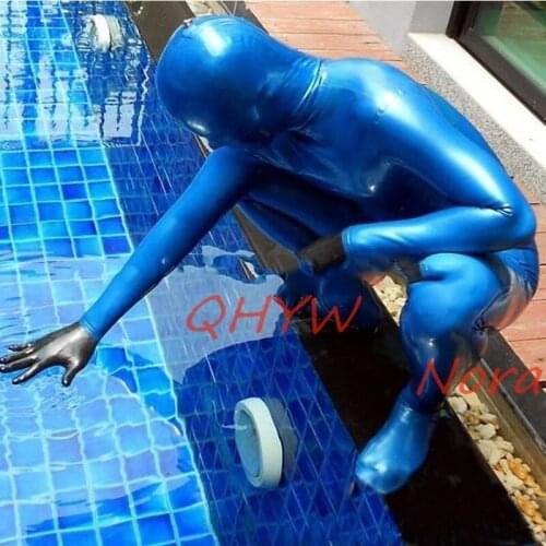 Cool Latex Catsuit with Hoods Socks Back Zipper Rubber Man Handsome Bodysuit Catsuit Navy Blue Size XXS-XXL (no Gloves)