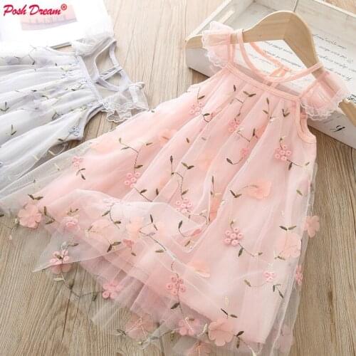 POSH DREAM Summer Children Embroidery Flowers Gauze Dress Korean Girl Princess Dress Baby Gauze Dress Kids Girls Clothes