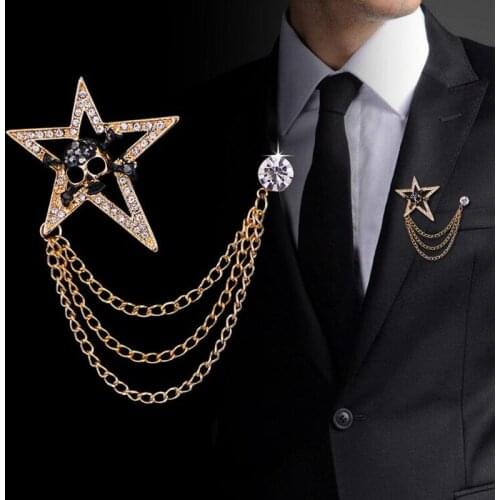 1 Piece Gold Fashion Suit Suits Brooch Pins Brooches Men Crystal Star Punk Skull Tassels Chains Corsage Lapel Pin Brooches