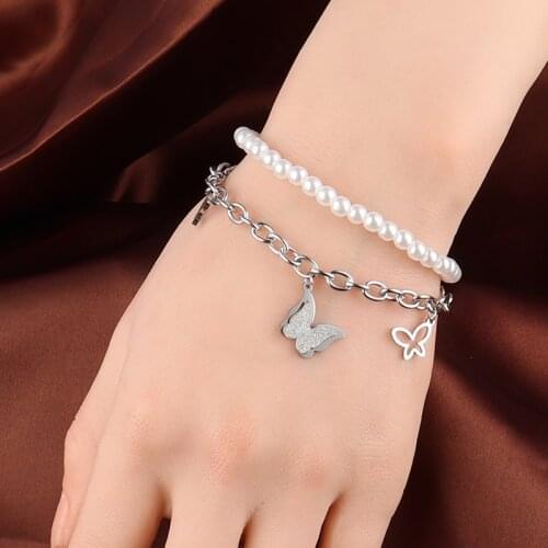 Butterfly Bracelets Unusual Pearl Bracelet For Women Stainless Steel Bracelet Clover Charms Chain Double-layer Bracelet Jewelry