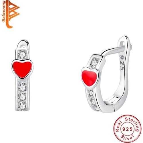 Wholesale Pure 925 sterling Silver Jewelry Sweet Red Heart Hoop Earring For Kids Girl Shining Crystal Earring Birthday Gift