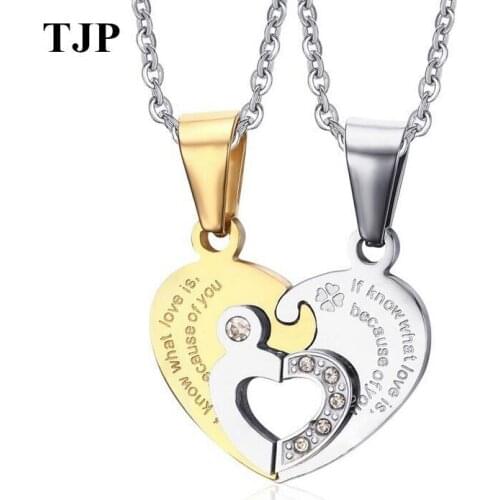 2pcs/lot Stainless Steel Heart Couple Necklace Pendant For Men Women Shiny Rhinestones Double Heart Puzzle Pendant