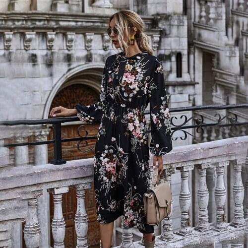 2021 New Womens Puff Sleeve Spring Autumn Floral Dress Ladies Elegant Bow Stand Collar High Wasit Long Sleeve Dress