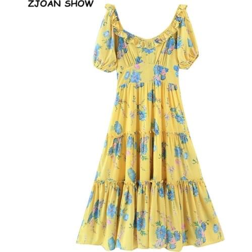 Holiday Wood ears Square Collar Floral Swing Maxi Long Dress Bohemian Woman Spliced Pleated Ruched Puff Sleeve Dresses