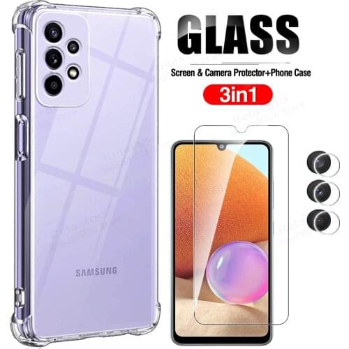 Transparent TPU Silicone Case For Samsung A52 A72 A32 A02 Tempered Glass for Galaxy A 52 72 32 02 S Camera Protection Film cover