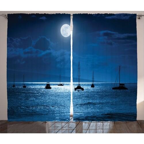 Night Beach Curtains Sky and Full Moon Over Sailboats Satin Fabric Drapes for Living Room Bedroom 2 Panel Window Set