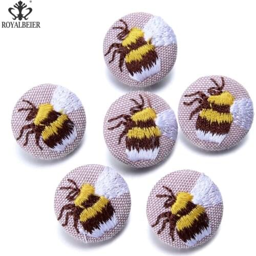 RoyalBeier Honeybee Pattern 18mm Snap Buttons 6pcs/Lot Hand Made Embroidery Fabric Snaps Fit DIY Bracelets For Charms Jewelry