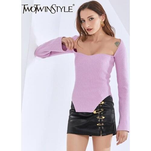 TWOTWINSTYLE Knitting Sweater For Women Square Collar Long Sleeve Casual Pullovers Plus Size Sweaters Female 2020 Fall Clothing