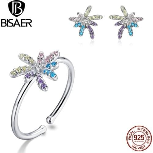 Gorgeous Fireworks Jewelry Sets BISAER 925 Sterling Silver Open Ring & Stud Earrings Colorful Zircon For Women Rainbow Jewelry