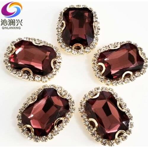 Gold bottom Wine red Rectangle shape top quality glass crystal buckle,sew on rhinestones for diy jewelry accessories SWCBG19