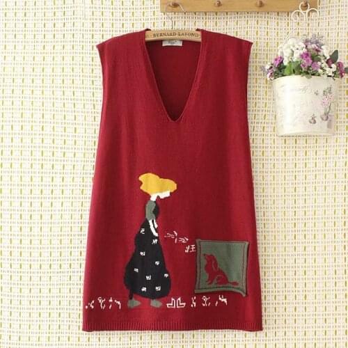 Plus size V neck cartoon solid red pink women loose sweater vests 2021 new winter casual lady knitted pullovers female tops