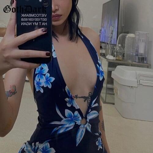 Goth Dark Y2k Aesthetic Floral Printed Women Mini Dresses Punk Tie Up Black Sexy V-neck Halter Dress Fall Long Sleeve Partywear