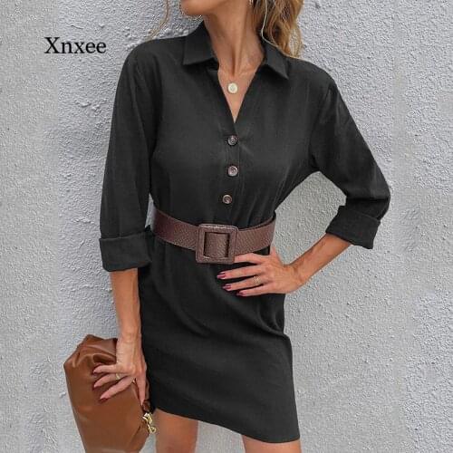 2021 New Mini Shirt Dress Long Sleeve Loose Women Spring Autumn Solid Black Single-Breasted Turn-Down Collar Office Bodycon