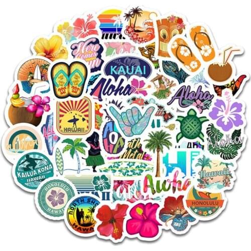 50pcs Hawaii Tropical Beach Summer Hibiscus Flower Cartoon Sticker For Laptop Computer Skateboard Luggage Helmet Toy Stickers