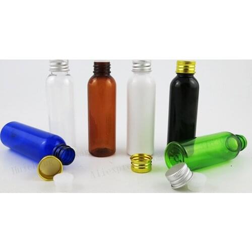 50 x 60ml Travel Blue Amber Clear Black Green PET Plastic Shampoo Bottle With Aluminum Cap PP Insert 2oz Cosmetic Container