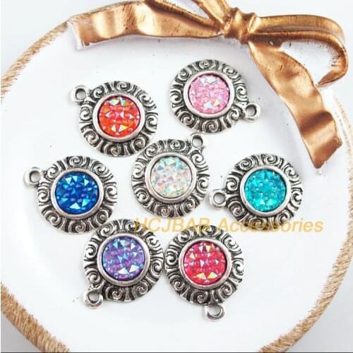 7 New Flower Charms Tibetan Silver Tone Retro Mixed Round Resin Pendants 19x23mm