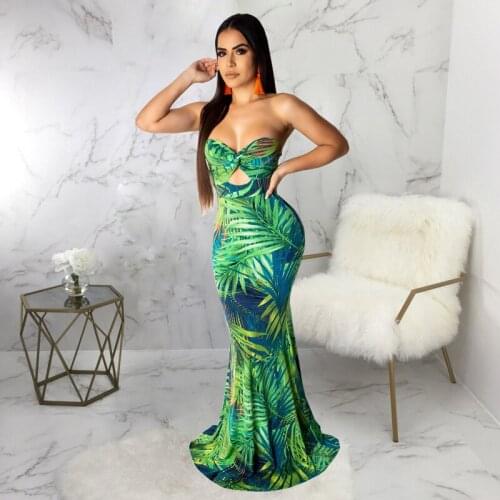 AECU Floral Print Boho Women Maxi Dress Strapless Sexy Lady Sleeveless Strapless Hip Dress Bodycon Party Dress Beach Dresses