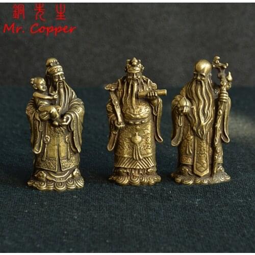 Antique Bronze Taoism Three Gods of Blessing Wealth Longevity Statue Pure Copper Buddha Figurines Ornaments Feng Shui Home Decor