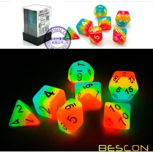 Bescon Fantasy Rainbow Glowing Polyhedral Dice 7pcs Set MIDNIGHT CANDY, Luminous RPG Dice Set Glow in Dark,Novelty DND Game Dice