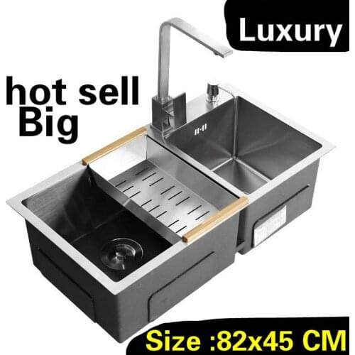 Free shipping Home big kitchen manual sink double groove high capacity wash vegetables 304 stainless steel standard 82x45 CM