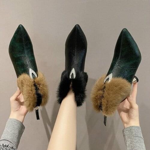 Martin Boots Women High Heels Pointed Toe Fashion Thin Heels High (5cm-8cm) Winter Ankle Plush Solid Bling High Quality Zipper