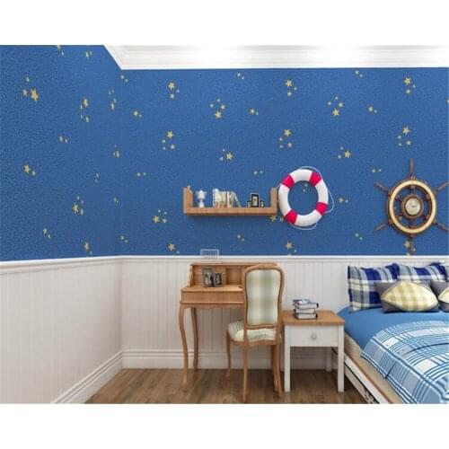 Beibehang childrens cartoon wallpaper wallpaper boy girl dark blue light blue little star night sky 3D bedroom wallpaper roll