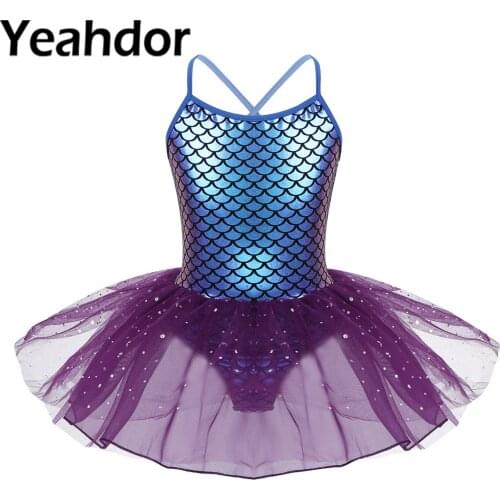 New Kids Girls Shiny Mermaid Costume Ballet Dance Tutu Dresses Spaghetti Shoulder Straps Scales Print Gymnastics Leotard