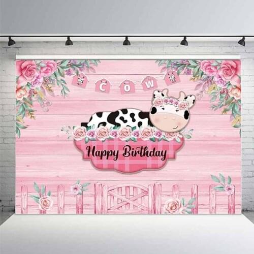 Happy Birthday Backdrop Pink Wood Flower Pricess Girl 1st Birthday for Kids Cute Cow Pink Farm Birthday Backdrops for Party