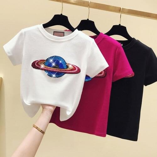 Gkfnmt Sequin Cotton White Tshirt Women Tops Fashion Short Sleeve Summer Female T-shirt Casual Black Tee Shirt Femme