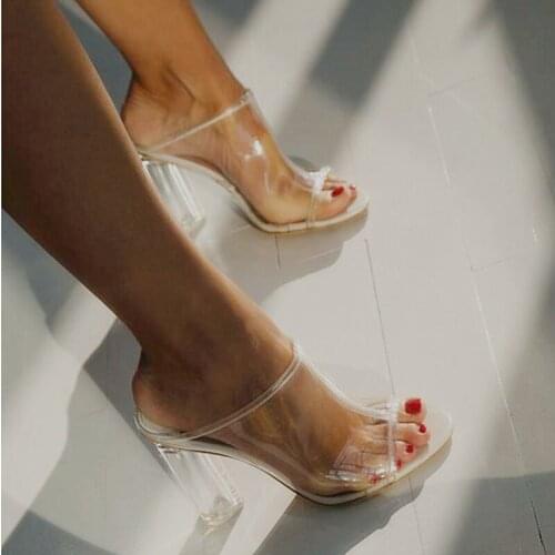 JINJOE PVC shoes summer sexy high heels Crystal pumps Transparent Round heel slippers type Party platform Peep Toe Cinderella