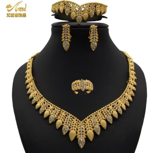 ANID 24 Bridal Gold Color Jewelry Sets For Women Party Luxury Dubai Necklace Earring Ring Bracelet Nigeria Wedding Jewelry Sets