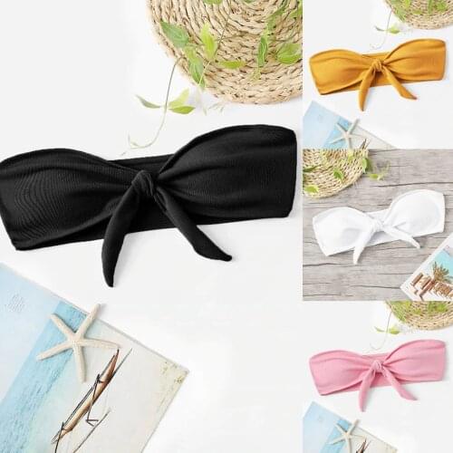 A Piece Bikini Tube Top Woman Solid Color Swimsuit Front Knot Bow Black Bikini 2021 Top Sexy Swimming Bra Large Female Swimwear