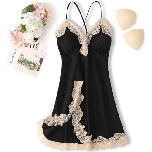 Summer Women Nightdress Sleepwear Black Sexy Spaghetti Strap Nightgown Patchwork Lace Trim Split Sleepshirt Loose Home Dress
