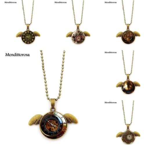 Mendittorosa Jewelry Glass Bronze Angel Wings Pendants Necklace Bijouterie Steampunk Personality Clock