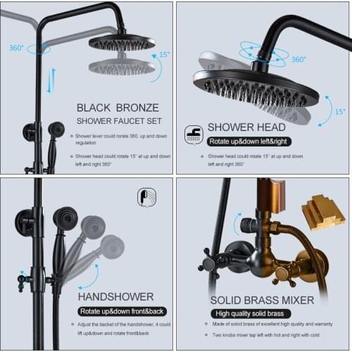 Vidric Vidric Wall Mount Bronze Black Shower Faucet Set Brass 8" Shower Head Spray Dual Knobs Mixer Tap Black Bathtub Shower Kit