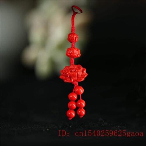 Jade Cinnabar Lotus Key Chain Chinese Amulet Natural Fashion Charm Red Gifts Bag Buckle Pendant Organic Jewellery Carved