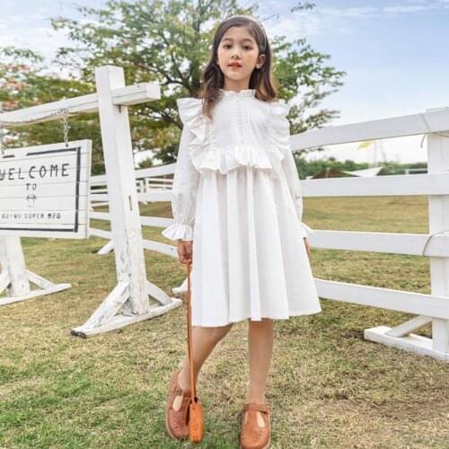 2021 Spring New Cotton Girls Long-Sleeved Korean Version Of Pure Color Parent-Child Lace Sweet Princess Dress