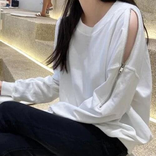 New Spring Women Sexy Casual Off Shoulder Sweatshirts Fashion Zipper Design Female Long Sleeve Pullovers Loose Clothes