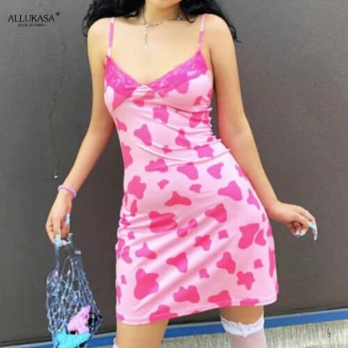 Allukasa Ladies Belt Leopard Print Sexy Cute Girl Pink Mini Sleeveless V-neck Pajamas Dress 2021 Summer Suspenders Europe and