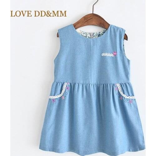 LOVE DD&MM Girls Dresses Childrens Wear Girls Pocket Flower Embroidery Round Neck Sleeveless Denim Dress
