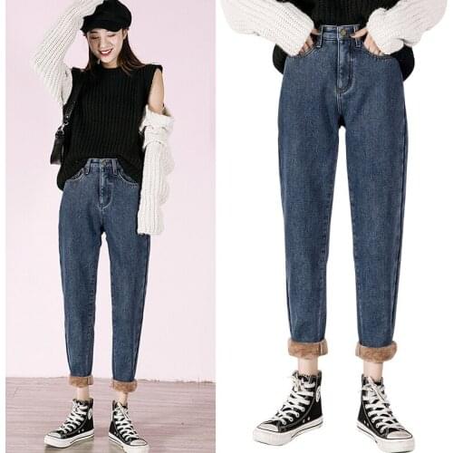 Thick velvet warmth detachable Harlan denim trousers womens trousers New winter jewelry high-waisted jeans plus