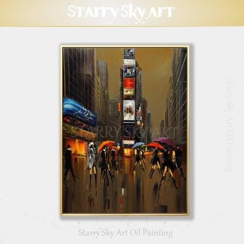 Gifted Artist Pure Hand-painted Special Landscape New York Street Oil Painting on Canvas Walking in Times Square Oil Painting