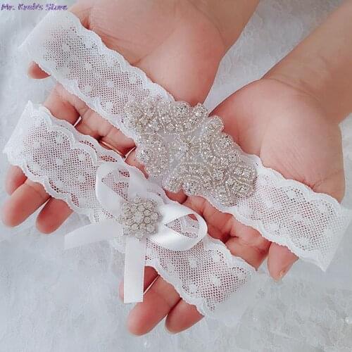 2pcs Wedding Garter Rhinestone Bow Lace Leg Ring White Sexy Garters Thigh Ring Bridal Leg Garte Gift For Wife Women Female Bride