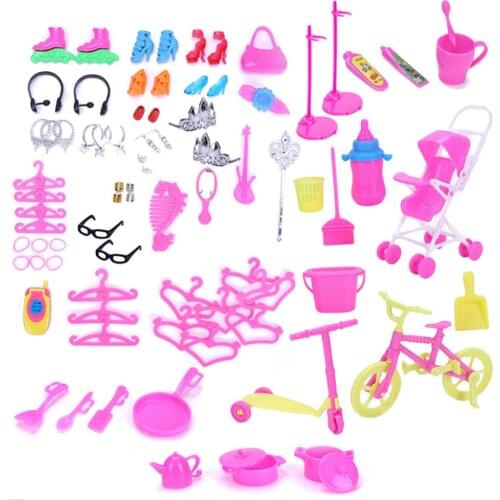 98 Pcs Complete Doll Accessories Kit High Heels Shoes Kitchen Hanger Supplies Cleaning Tool Clothing Accessories for Barbie Toys