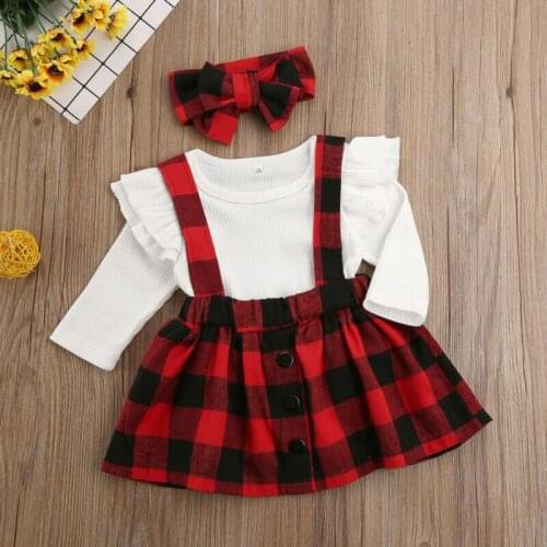 Christmas Newborn Baby Girl Clothes Long Sleeve Knitted Romper Plaids Bib Skirt Headwear Outfits 3pcs
