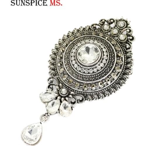 SUNSPICE MS Retro Vintage Turkish Women Crystal Brooch Antique Silver Color Round Crown Hijab Lapel Pins Wedding Banquet Jewelry