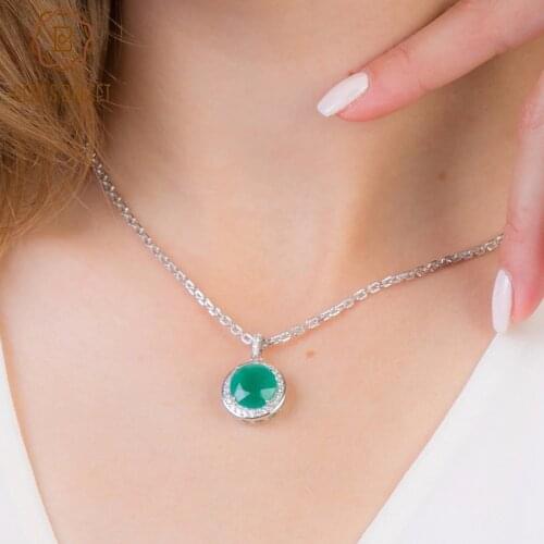 Gems Ballet 925 Sterling Silver 4.79Ct Round Natural Green Agate Vintage Gemstone Pendant Womens Elegant Necklace Fine Jewelry