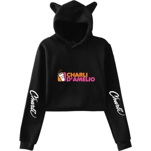 Charli D'amelio Ice Coffee Splatter Crop Top Hoodies Women Sexy Charli Damelio Merch Pullover Cat Ear Hoodie Short Sweatshirt