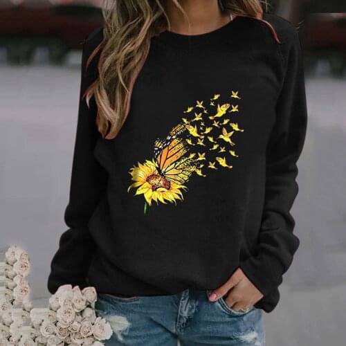 Women Sweatshirt Sunflower Print O-neck Long Sleeve Harajuku Pullovers Female Girls Casual Autumn Winter Female Clothes Moletom